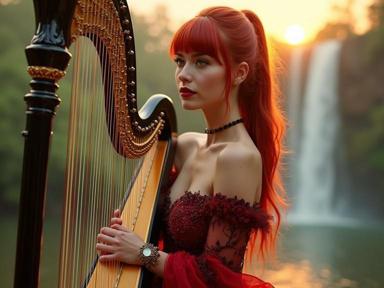 Image features a female musician with a stylish figure. Wearing a luxurious red and black glowing dress. She has red hair in a ponytail and front bangs and green eyes. Elegant details in attire. Heavenly atmosphere with green land and beautiful waterfall. It's almost sunset. Holding a big luxurious harp in her hands.