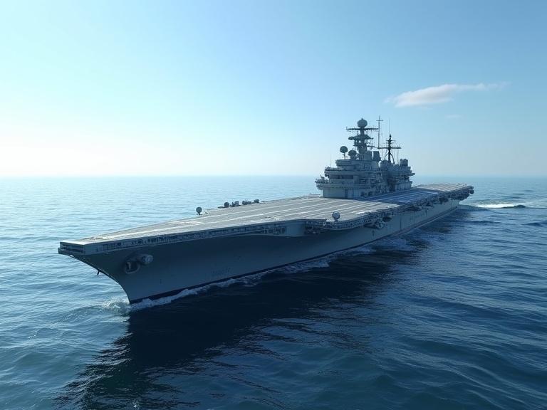 Image of a sleek light grey sci-fi polygonal bevel starship aircraft carrier at sea. Bright sunny blue sky above with visible ocean surface under the vessel. Emphasis on realism with intricate details, shadows, and textures.