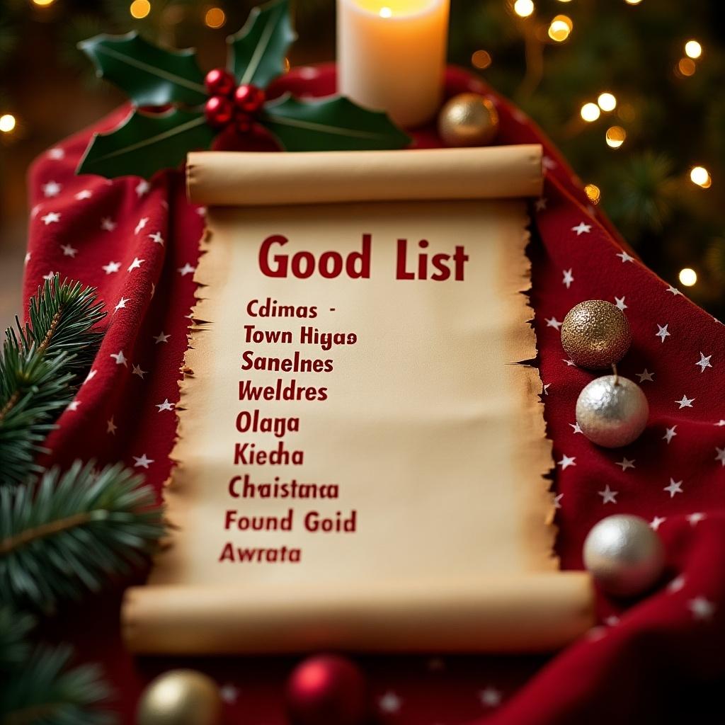 The image features a beautifully designed scroll with the title 'Good List' prominently displayed. It features children’s names written on it, suggesting they have been good this year. The scroll is set against a backdrop of soft holiday decorations, including a glowing candle and twinkling lights. Pine branches and red berries add a touch of nature, enhancing the festive spirit. This cozy scene evokes feelings of warmth and joy associated with Christmas. The scroll's aged look complements the traditional theme, making it perfect for holiday celebrations.