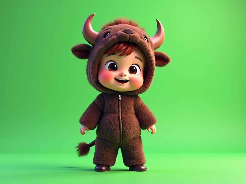 A child is dressed in a fluffy buffalo costume. Costume features small horns ears and tail. The child has big eyes and a joyful smile. The pose is playful. Background is green for easy keying.