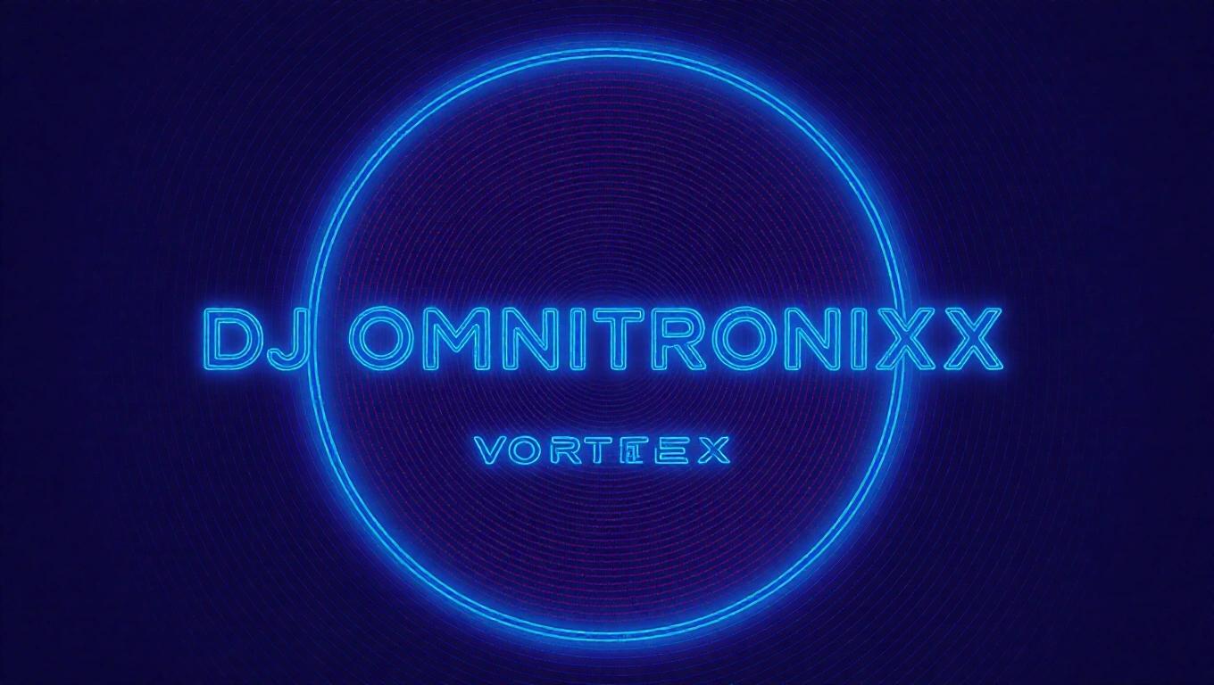 Close up of a bespoke dark neon bedroom RGB artistic album cover featuring futuristic text. Displays 'DJ Omnitronixx' and 'Vortex'.