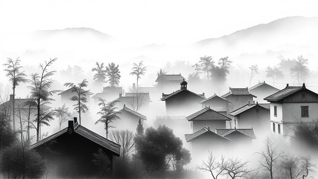 A tranquil village scene enveloped in mist, with traditional houses and surrounding trees creating a dreamy atmosphere.