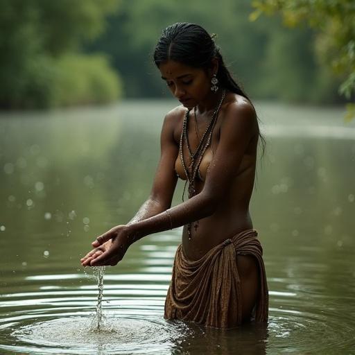 A woman standing under a pond lifting water with both hands. Style is photorealistic and cinematic.