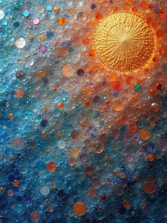 Masterpiece 3d multi-layered mosaic representing mesmerizing design. Includes iridescent ceramic tiles and glass. Abstract art with vibrant colors and textures. Close-up view showcases intricate details.