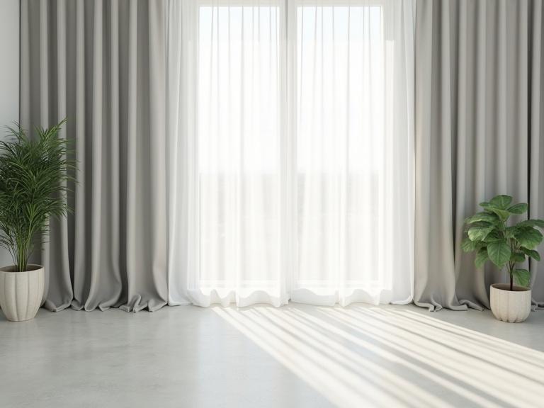 Indoor area showing soft gray curtains with indoor plants. Clean laminate floor extending forward. Neutral color tones and soft ambient lighting. Central area left without furniture for family seating. Close composition without people.
