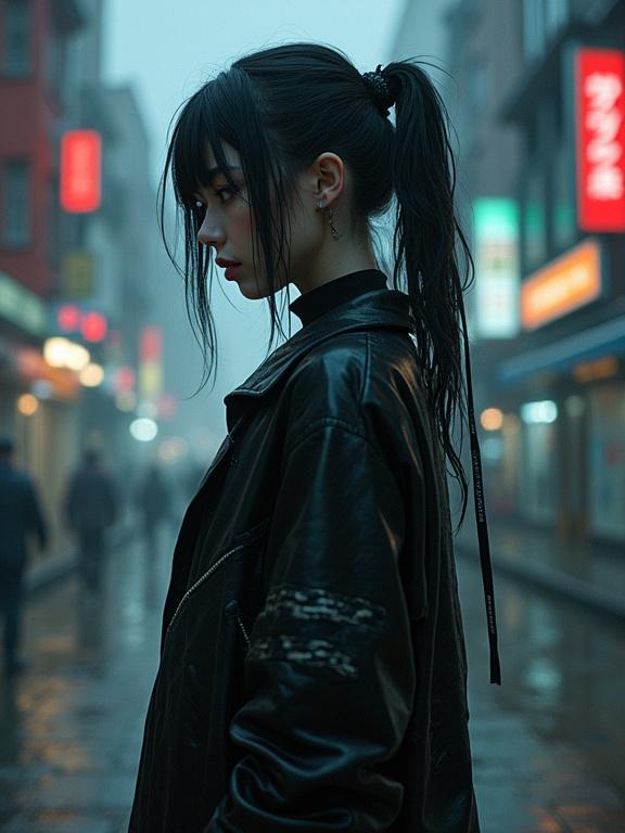 Low angle view of a girl with long hair in a stylish, futuristic outfit. Cyberpunk theme with neon ambiance. Dark, moody atmosphere in an urban alley.