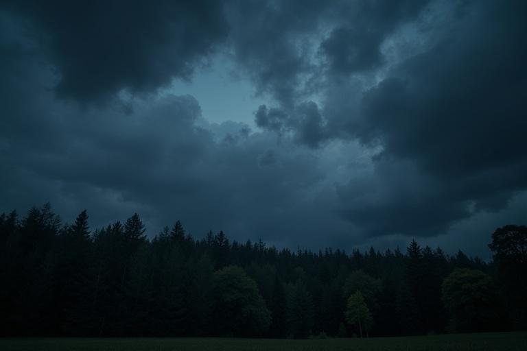Dark storm clouds cover the night sky above a forest. Dense trees fill the foreground with varying shades of green. A hint of light peeks through the clouds.