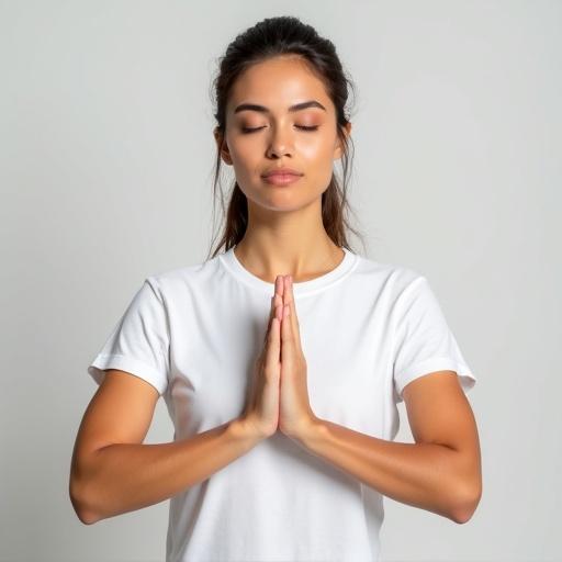 A woman is performing the namaskar pose while wearing a plain white t-shirt. She has her eyes closed and hands joined in front of her chest.
