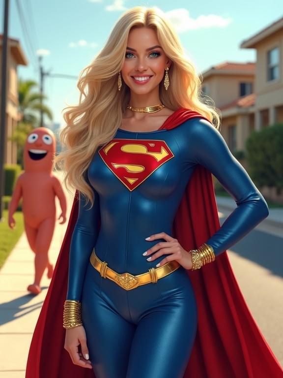 Create a vertically-oriented ultra-realistic illustration of a glamorous superhero woman with long blonde hair and turquoise eyes. She is smiling at the viewer in a glossy blue suit with a red cape and gold jewelry. A cartoonish sausage character walks behind her in a sunny neighborhood. The style is hyper-saturated and attention-grabbing.