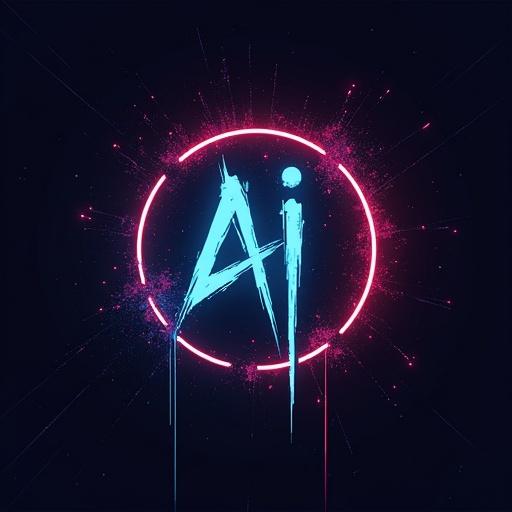 Logo design for an AI photo studio featuring a cyberpunk theme with vibrant neon colors. Focus on creative typography of 'Ai' ensconced in a circular outline against a dark background.