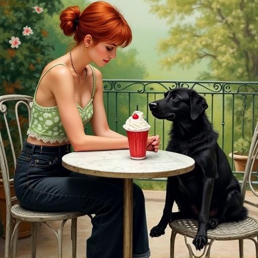 A young woman with short red hair sits at a round table on a terrace. She holds an ice cream cone while her black dog licks it. The scene is joyful. The style resembles detailed oil painting with an airbrush effect.