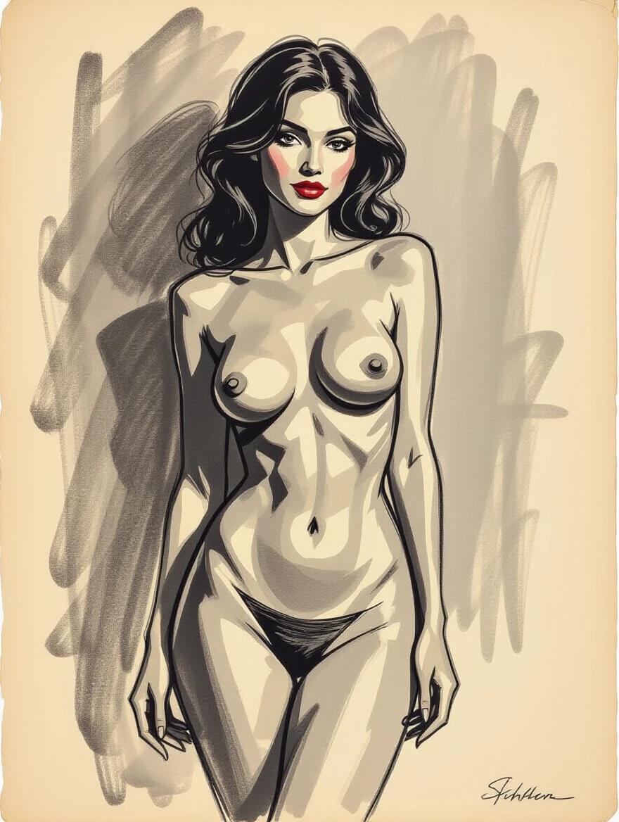 Rough colored charcoal sketch on old paper. Beautiful female nude figure in a seductive pose. Clean line art with color accents.