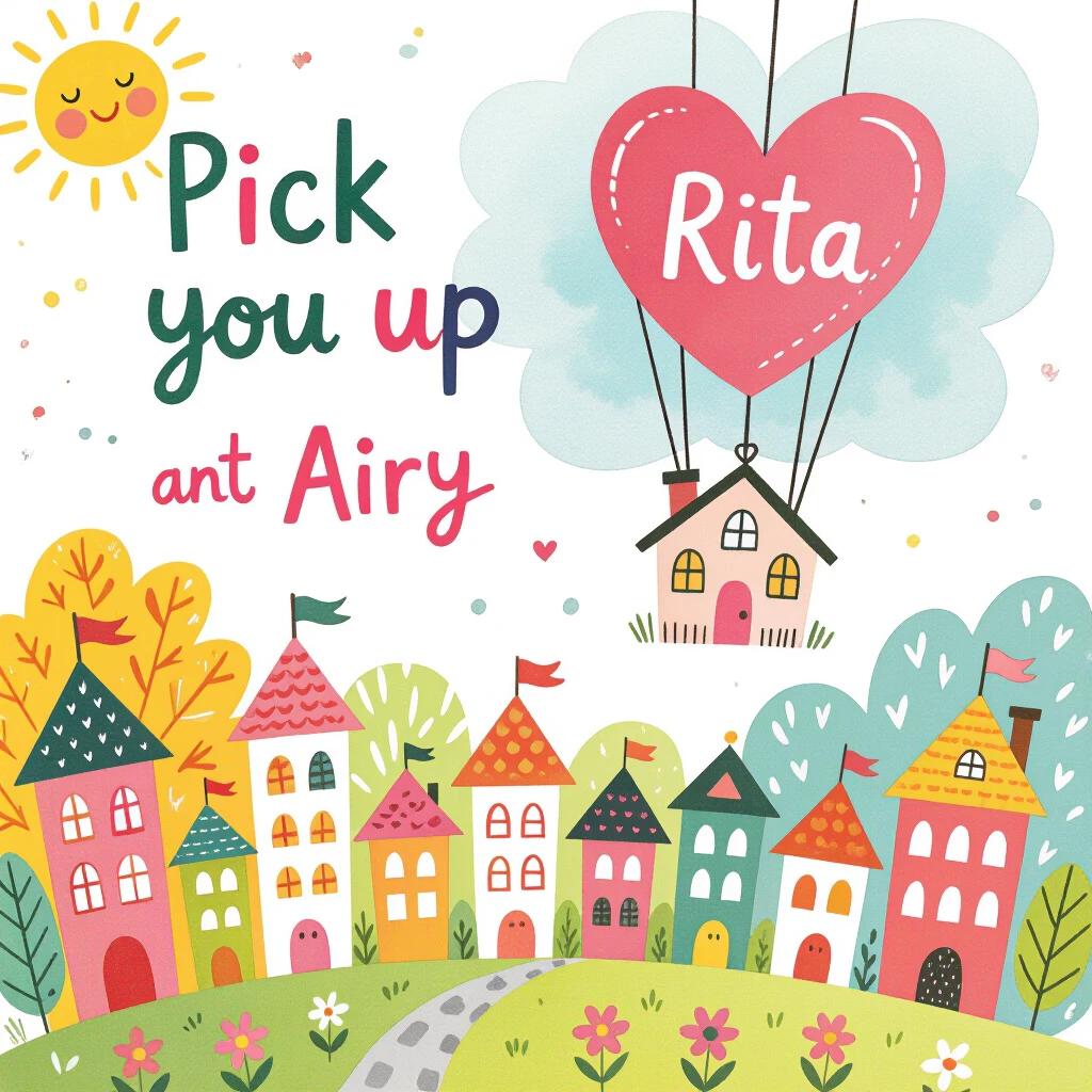 Watercolor illustration with vibrant colors and soft lines. Text says 'Pick you up and Airy'. A large pink heart has the name 'Rita'. Below, there are stylized houses in various sizes. The design looks bright and airy. The perspective is eye-level and shows a two-dimensional view. Photographed in bright conditions against a white background.