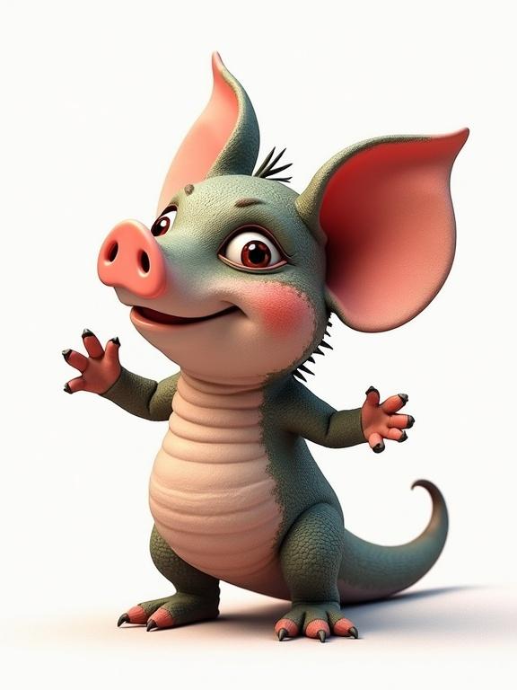 A cartoon character resembling a pig with large ears and a cheerful expression on a white background. Features a playful smile and a whimsical design.