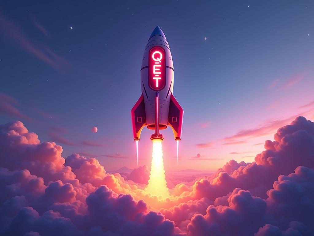 The image depicts a vibrant, futuristic rocket taking off into the evening sky. The rocket is designed with a sleek, modern shape and colorful details that highlight its adventurous theme. It is adorned with the word 'QUEST' illuminated in a bright, neon font, emphasizing its mission to explore. Below the rocket, fiery bursts from its engines are creating a stunning display against a backdrop of fluffy clouds. The sky transitions from deep blue to warm purple hues, creating a magical atmosphere for the launch. This scene captures the essence of exploration and the thrill of new adventures in space.