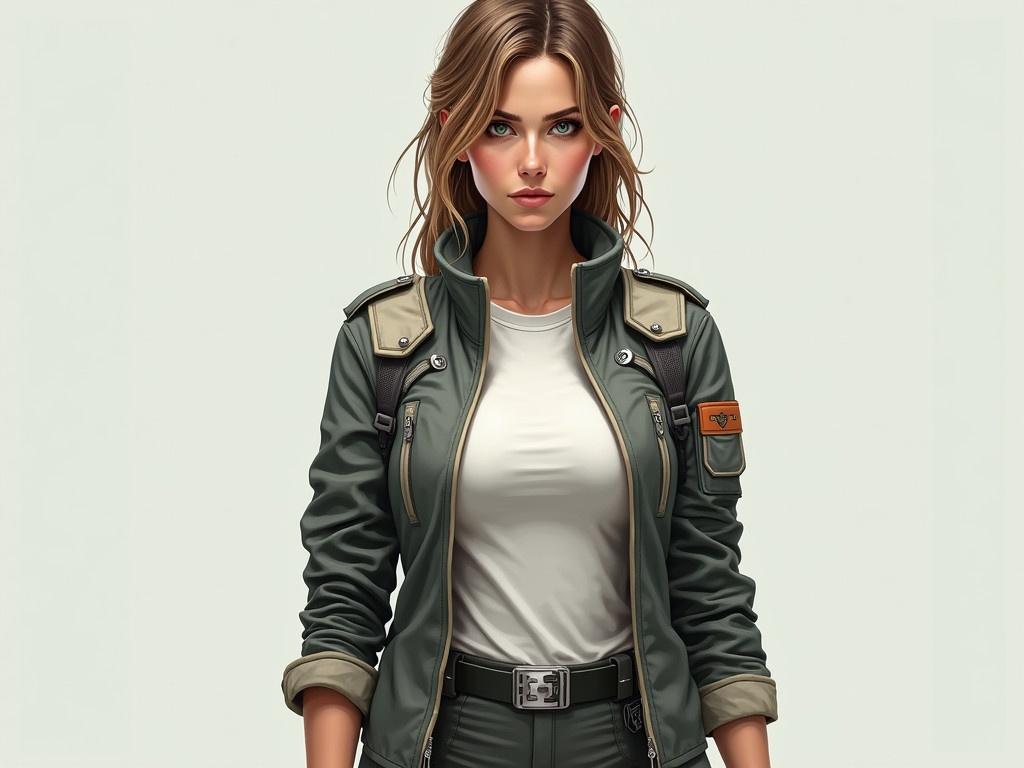 Create a realistic image of a 30-year-old woman with sandy brown hair and darker eyebrows, featuring blue-green eyes. She should be wearing a sci-fi military uniform made from tough synthetic fabric, which consists of a structured jacket over a white shirt and pants, not a bodysuit. The jacket should be detailed, showcasing a modern design with a blend of colors, emphasizing functionality and style. Ensure her body proportions are realistic to reflect an athletic yet approachable appearance. Add subtle details like a belt with a small holster on the side of her pants, hinting at her role in a futuristic setting.