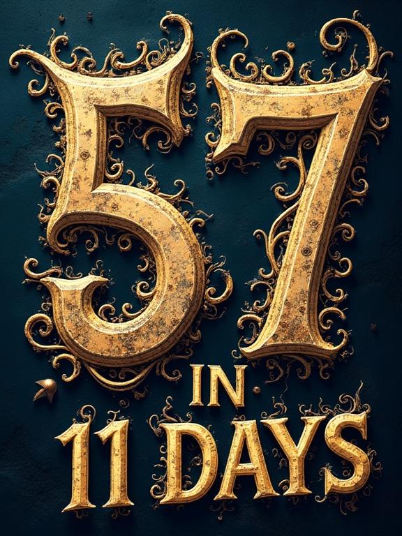 Fantastical font style with intricate details and swirling patterns. The phrase reads '57 IN 11 DAYS.' Miniature universe concept with ancient runes and mystic power. Text invites exploration and interpretation.