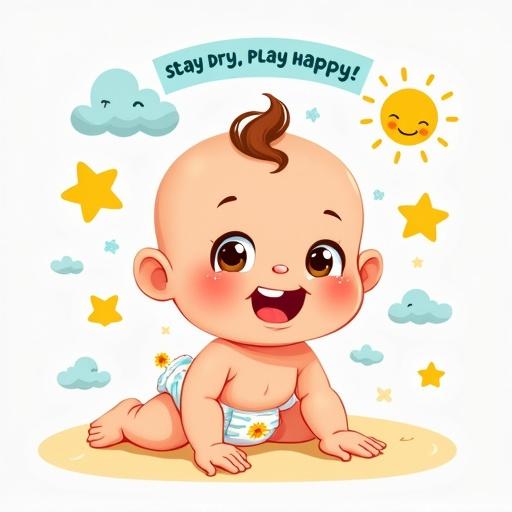 Cute chubby cartoon baby has big sparkling eyes. Baby is giggling and crawling on a pastel-colored floor. Baby wears a clean diaper with animal print. Cartoon icons like clouds, stars, and a smiling sun surround the baby. A joyful banner says 'Stay Dry, Play Happy!' A text at the bottom reads 'SoftCare Baby Diapers – Gentle Protection All Day!' Scene is cheerful and appealing to parents.