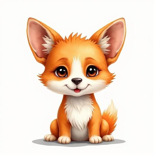 Watercolor wash art style. Feral pup with orange and white colors sit down. Character features large ears and fluffy tail. Friendly expression on the pup.