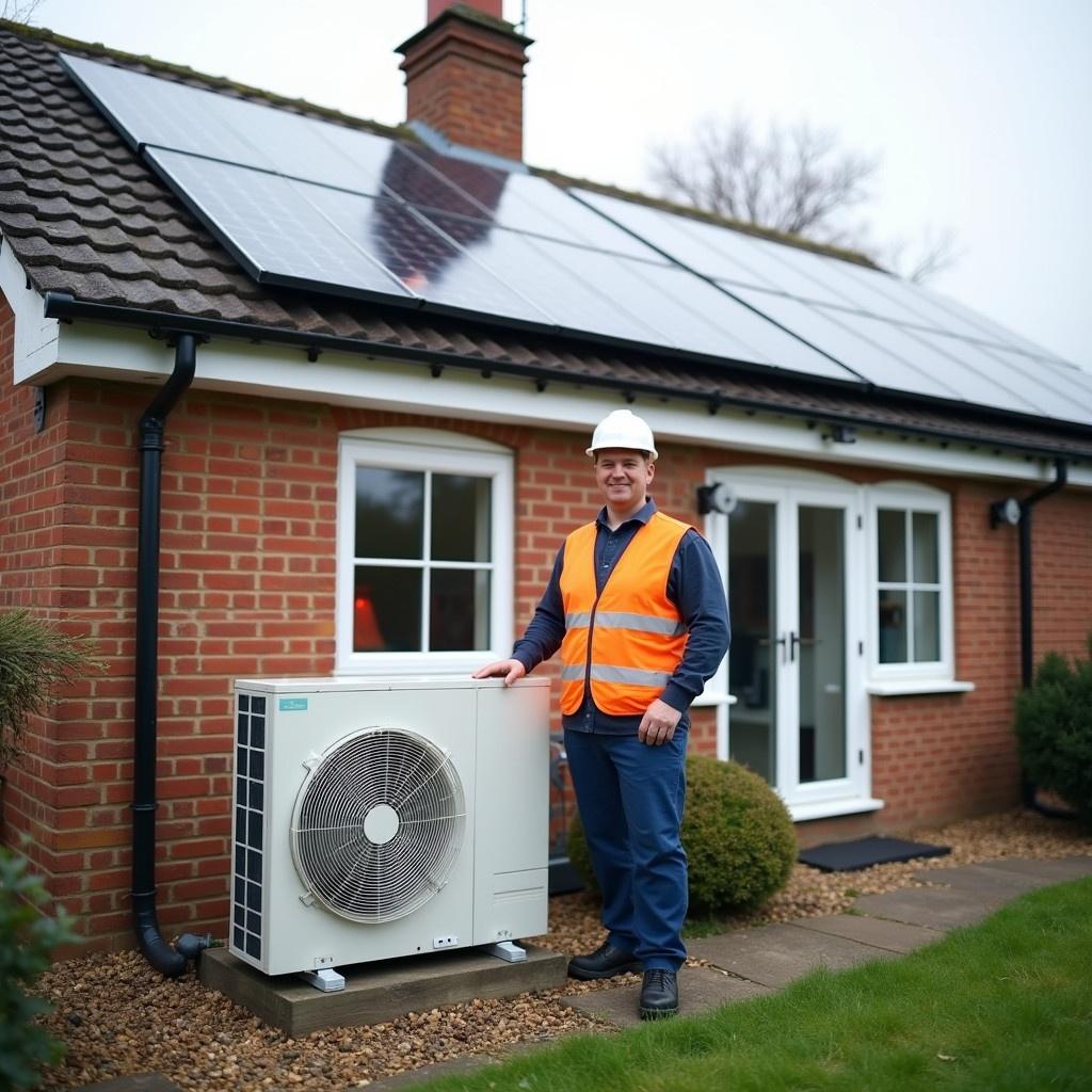 Image shows a UK style home with solar panels on the roof. An engineer stands beside a heat pump. The installation of a new renewable energy system is visible. The heat pump is appropriately sized for the home.