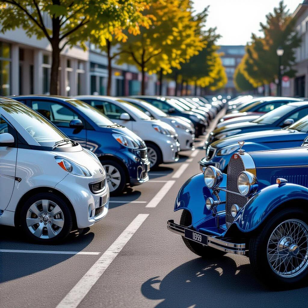 Photorealistic scene of a city parking area. Street with cars parked at a 45-degree angle. In foreground modern self-driving pods blurred in extreme bokeh. Midground features a smooth transition in focus. At the end of the row a 1924 Bugatti T35 in French racing blue. Sharp details on the Bugatti include aluminum body chrome wheels leather straps and brass emblem. Show contrast between vintage Bugatti and futuristic pods. Twilight setting with reflections from light rain. Shot with high-end camera equipment.