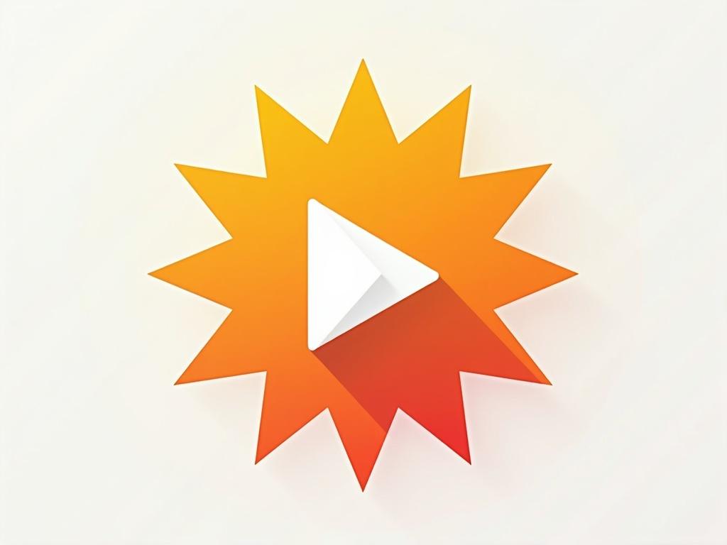 A modern flat icon of a play button shaped like a radiant spark with sharp dynamic points. Vibrant orange and yellow gradient colors. Clean lines and minimalistic style. Bold and simple, visually conveying engaging content creation.