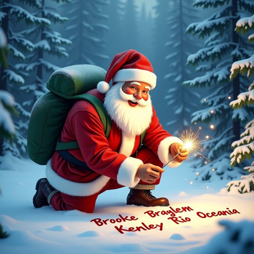 Cheerful Santa Claus kneeling in the snow. Santa writes names with a sparkler. Snow-covered trees surround him. Soft glow from the sparkler. Classic red suit and green backpack. Captures holiday spirit.