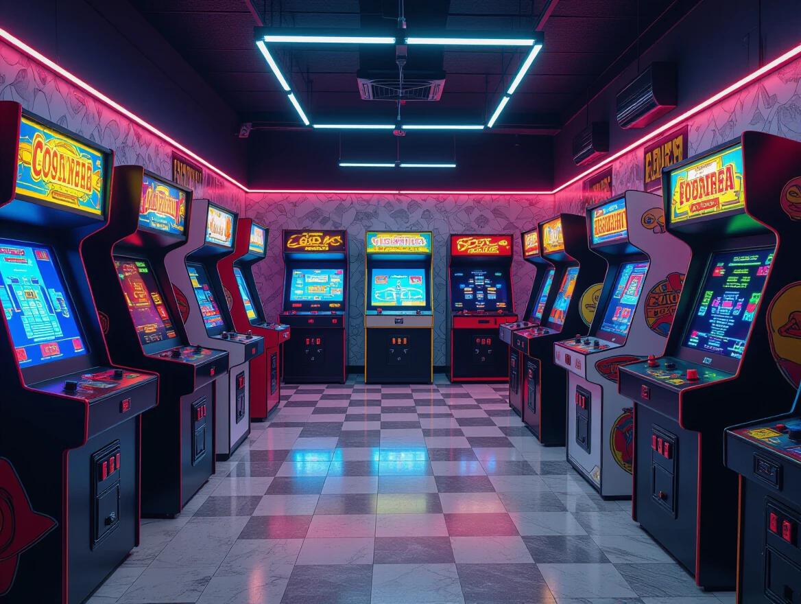Indoor arcade room. Features four unique vintage arcade machines. Well-spaced with ample room. Classic CRT screens display colorful graphics. Floor is clean and polished. Neon and ceiling lighting create an atmospheric effect. Retro-style light fixtures on the ceiling. The room is empty with no crowd. Nostalgic 80s arcade design. Colorful posters and decals on walls. Photorealistic 8k rendering with sharp details.