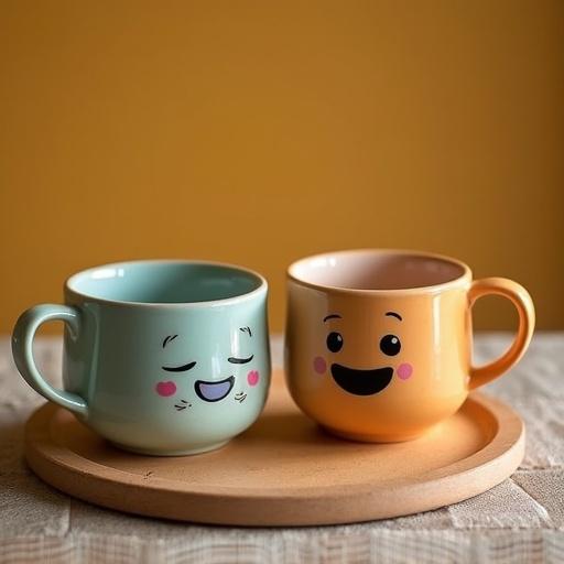 Image of two pastel-colored ceramic mugs with happy emoticon faces on a wooden tray. Blurred kitchen table background in warm tones.
