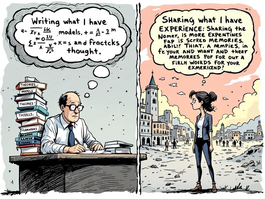 Landscape cartoon, split design. On the left, serious academic man writing with books, equations in thought bubble. On the right, corporate female leader in crisis setting with memories in thought bubble.