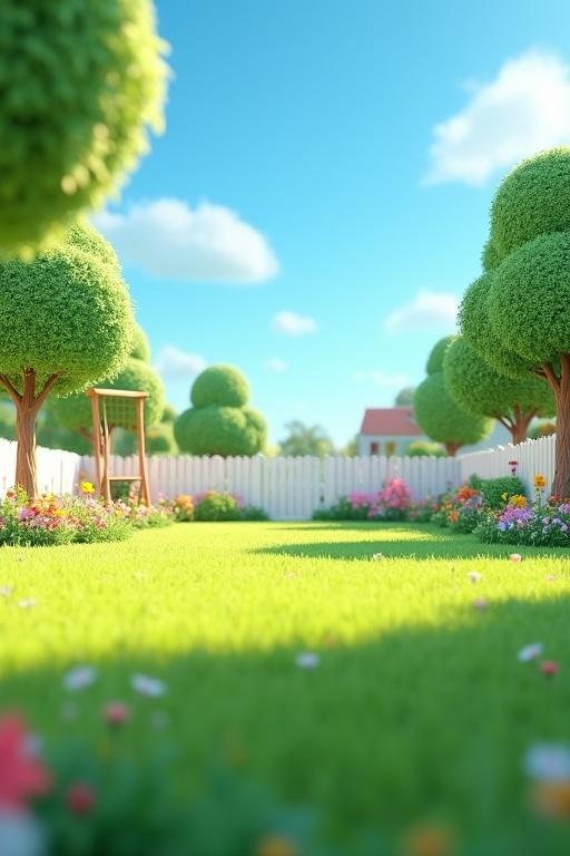 Wide open 3D animated backyard with lush green grass few scattered trees colorful flowers and clear blue sky. Bright cheerful scene soft lighting cartoon-style textures white picket fence playful elements like swing garden path small gazebo. Pixar-style environment warm inviting feel cinematic depth of field vibrant colors wide-angle view.