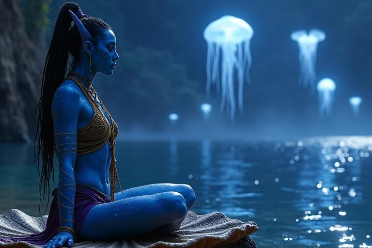 Kaari joins Na'vi elders by the coast on a seashell platform. They chant as glowing jellyfish rise from the water into the sky. Kaari has radiant blue skin, glowing stripes, athletic figure, and peaceful golden eyes. The scene is illuminated by a soft glow from jellyfish and water.