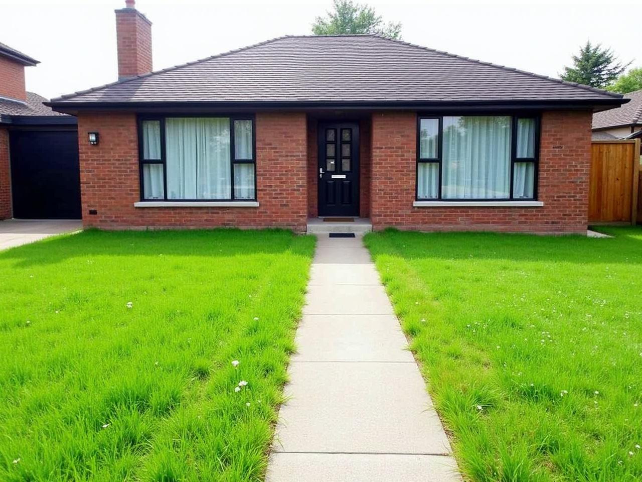 This image shows a single-story brick house with a well-maintained front yard. The front of the house features large windows framed by curtains, allowing natural light to enter. There is a neat pathway leading to the entrance, surrounded by lush green grass. To the left, there appears to be a garage or storage area. The surrounding area is quiet, with some trees and a wooden fence in the background.