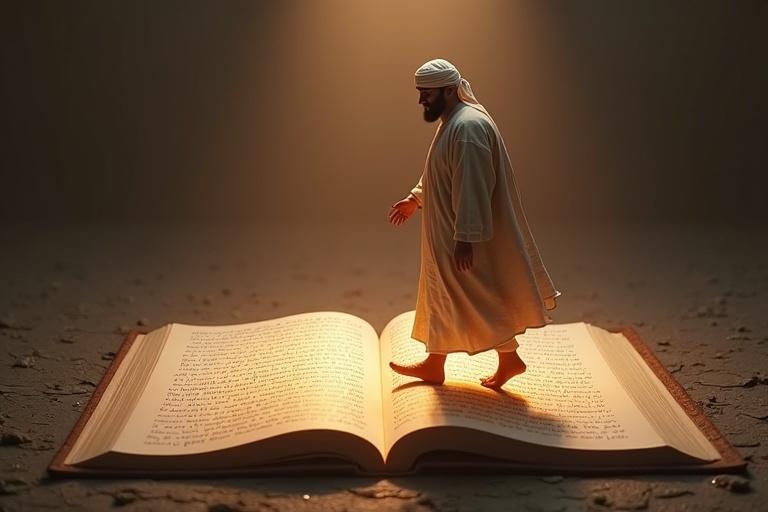 Metaphorical image featuring a figure on an open Qur’an scroll on the ground. Each step illuminates words like Taqwa, Justice, Accountability, and Fear of Allah. It symbolizes a life reflecting divine principles through surreal 3D art.