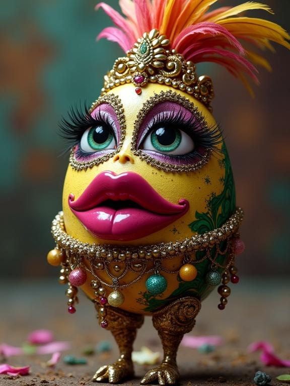 A colorful egg figure for Mardi Gras. The egg wears a feather headdress. It has long eye lashes and beads. It stands on stiletto heels. The design is magnificent and glamorous.
