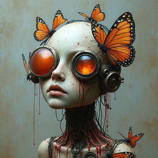A surreal biomechanical portrait of a figure with a distorted face. Skin is pale and weathered, covered with wires and gears. Features a large red-orange mechanical eye. Butterflies with vibrant orange and blue wings are integrated. Red streaks add a visceral effect. Background is a muted, textured gray.
