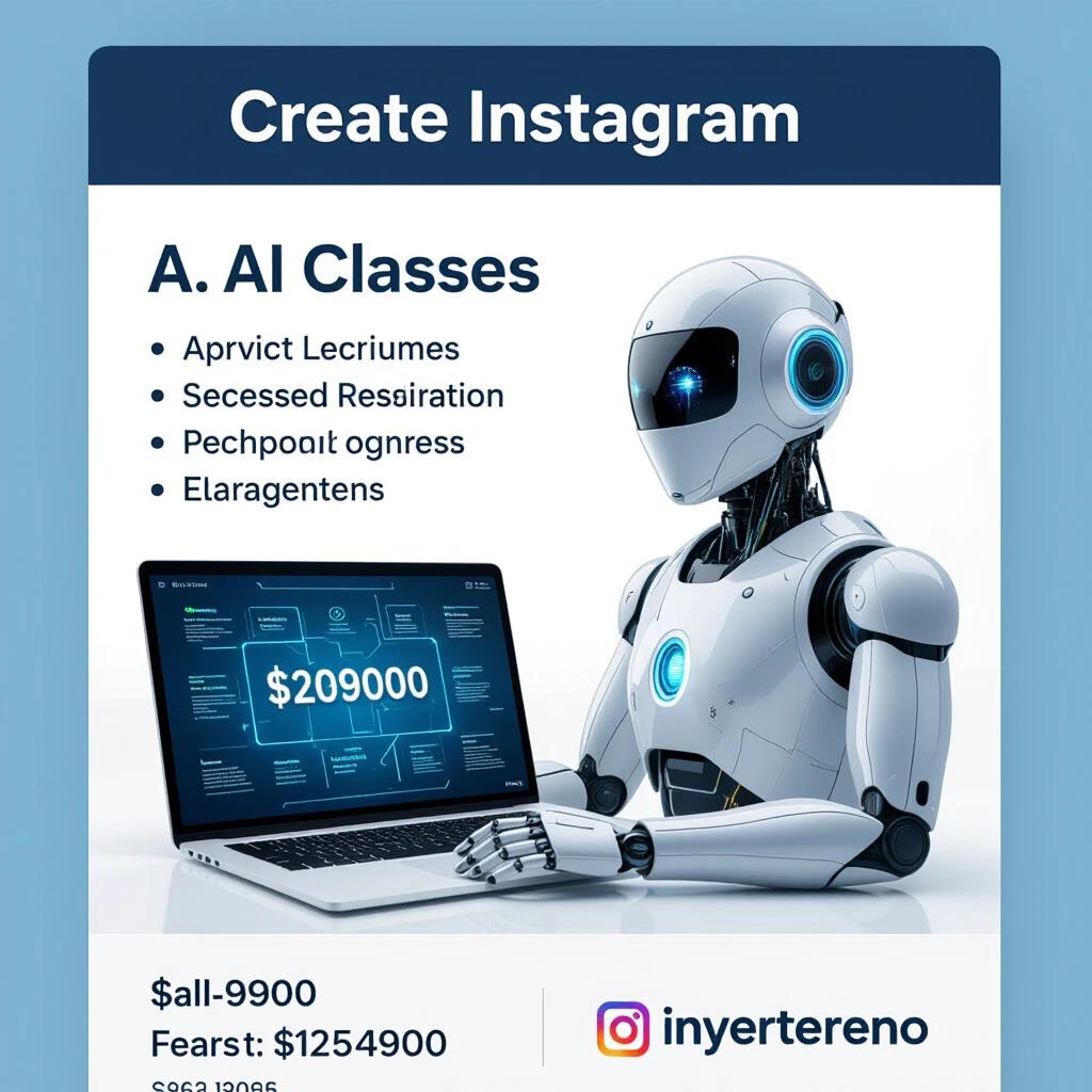 Advertisement for AI classes includes a robot and a laptop with details about the classes and prices.