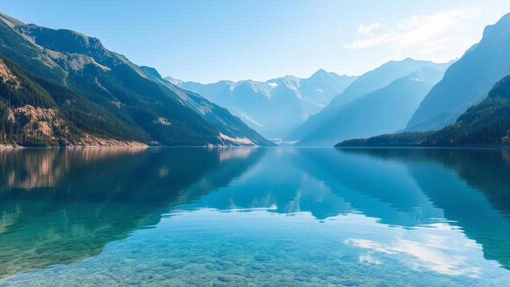 This image captures a breathtaking mountain landscape with a serene lake in the foreground. The clear blue water perfectly reflects the surrounding mountains and clear sky, creating a mirror effect. The image exudes tranquility and showcases nature's pristine beauty.