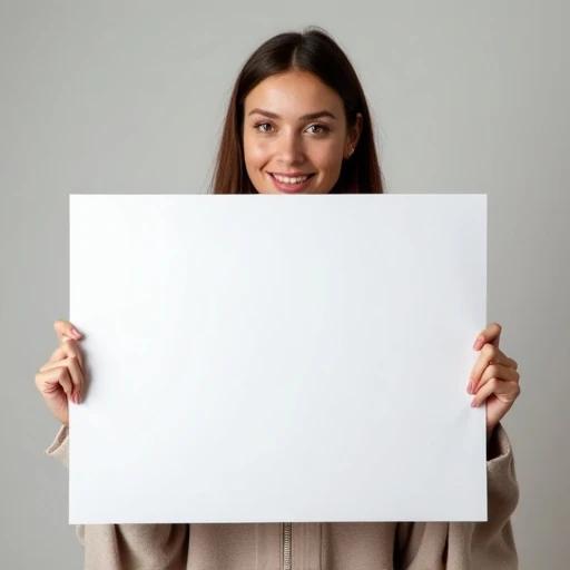 Attractive woman holds square white poster. Background is plain. Natural pose. Indoor setting with soft light.