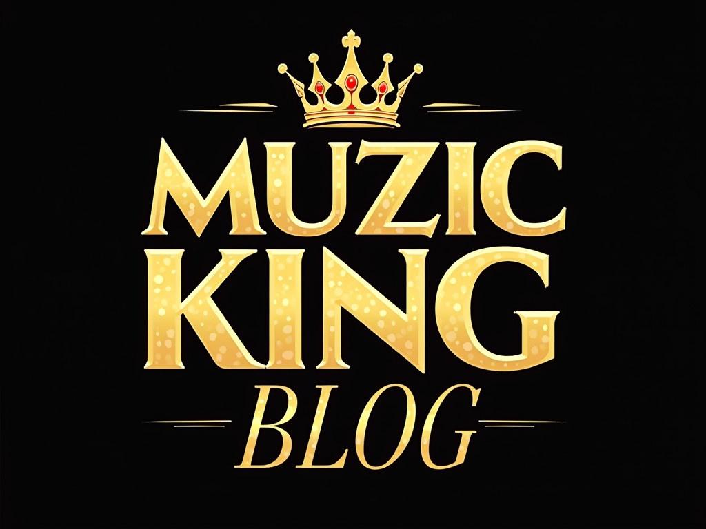 Create a modern and vibrant logo for 'Muzic King Blog Powered By Dis Is Hip Hop.' It should radiate creativity and energy, reflecting the essence of hip-hop culture. The design must feature bold typography for 'Muzic King Blog,' integrating a crown or a music-related icon subtly into the word 'King.' Below or as a tagline, add 'Powered By Dis Is Hip Hop' in a sleek, smaller font. Use a luxurious color palette of gold, black, and white, with pops of red or vibrant neon tones for added dynamism. The overall look should be clean and professional, making it suitable for digital platforms.