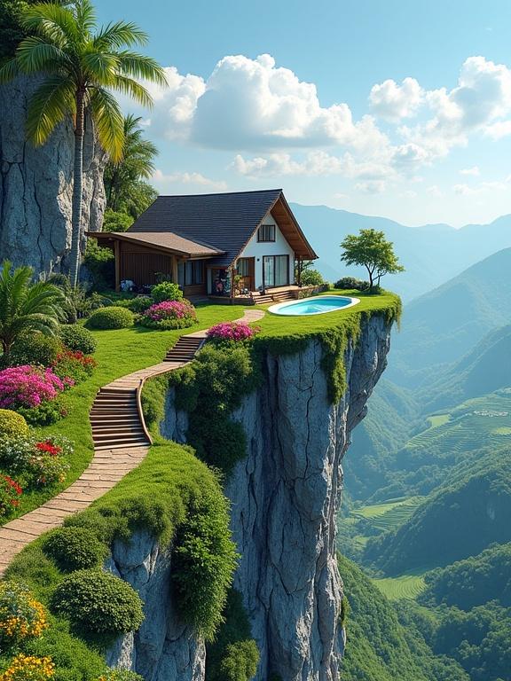 A house sits on the edge of a steep cliff. It has a sloped dark brown roof and white walls. Surrounding are colorful flowers and tropical plants including palm trees. An oval pool with clear blue water is nearby. A natural staircase leads up the cliff. The backdrop features rolling green hills and a blue sky with clouds. Overall vibe is vibrant and surreal with text overlay.