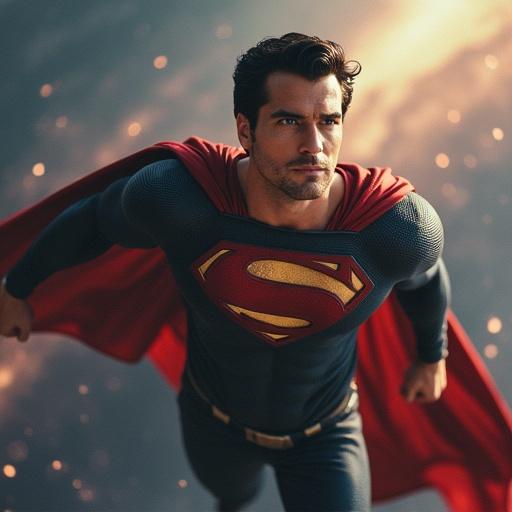 Superman flying over the universe. Features a hyper-realistic style resembling photography.