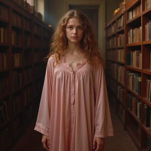 A girl stands in a library. She wears a silky nightgown. The setting is filled with shelves of books. Warm light envelops the scene. The atmosphere feels magical and inviting.