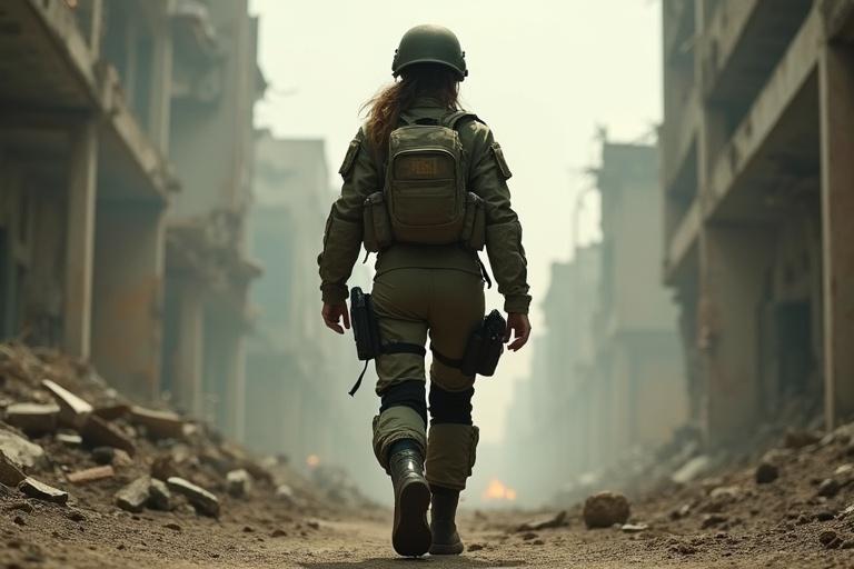 Wide shot of a fighter girl navigating devastated streets of a ruined city. Surroundings are collapsed buildings and smoldering debris. Smoky sky filters dim sunlight over her olive green tactical gear. Gear shows signs of wear from battle and dust. She moves alertly with tense muscles. Her black combat boots crunch on broken concrete. Distant echoes of chaos linger in oppressive silence.