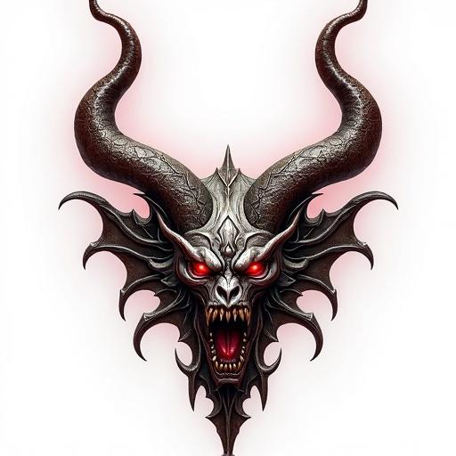 Demon necklace designed with ornate details. Realistic style emphasizing a fierce demon face with horns. Iconic representation for ARPG games. Asset designed for game use with no background.