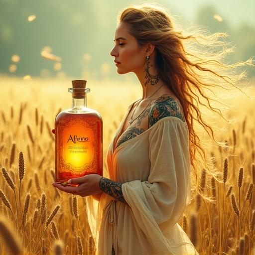 A goddess with intricate tattoos stands in a field of golden barley. She holds an apothecary-style bottle labeled 'ALFRUNO' elixir. The robe flows elegantly. The bottle glows softly. Scene has ethereal light. Gentle breezes rustle through wheat. Watercolor style evokes tranquility and beauty.