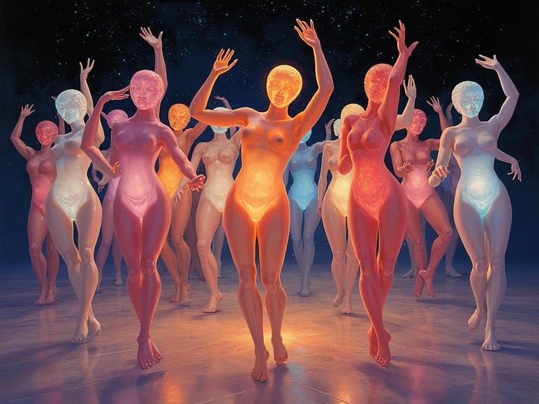 Many anthropomorphic glass and crystal musical notes performing a glowing dance routine. Each figure has a unique inner glow color. The scene features soft and vibrant colors, emphasizing their movement and choreography.