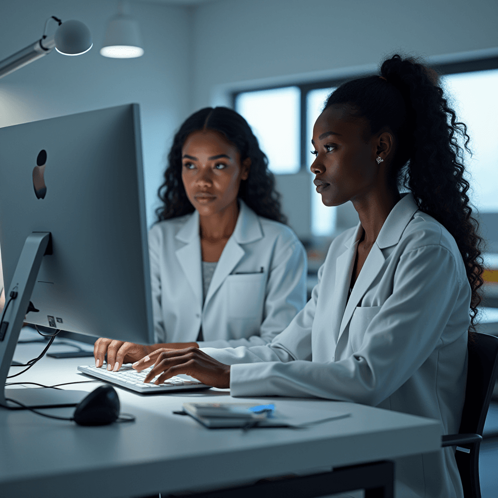 Two scientists in lab coats work attentively at a computer in a modern laboratory setting.