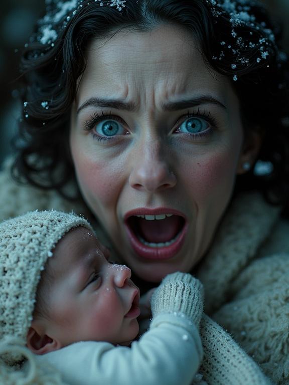 Extreme close-up of a Queen's face. Wide-eyed with terror. Mouth agape in a silent scream. Snowflakes cling to dark hair and eyelashes. Swaddled baby slipping from her grasp. Violent tilt of carriage. Intense emotion. Dramatic lighting. Shallow depth of field. Cinematic realism style with high emotional impact and detailed textures.