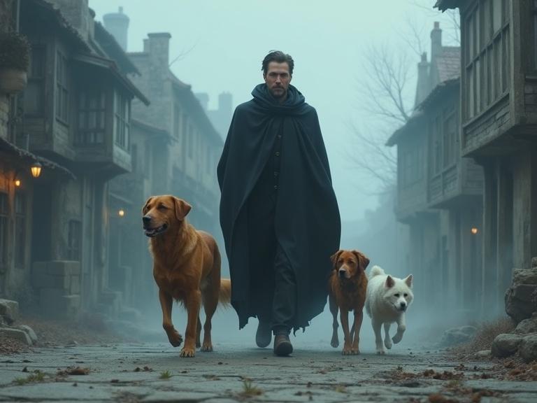 A digital painting features a man in a dark cloak walking through a foggy village square. He is accompanied by three dogs: a large golden dog, a medium reddish dog, and a small white dog. The surroundings include gray skies and old buildings. The man's expression is calm. Glows emerge from under his cloak. The atmosphere feels magical with a shimmer in the air.